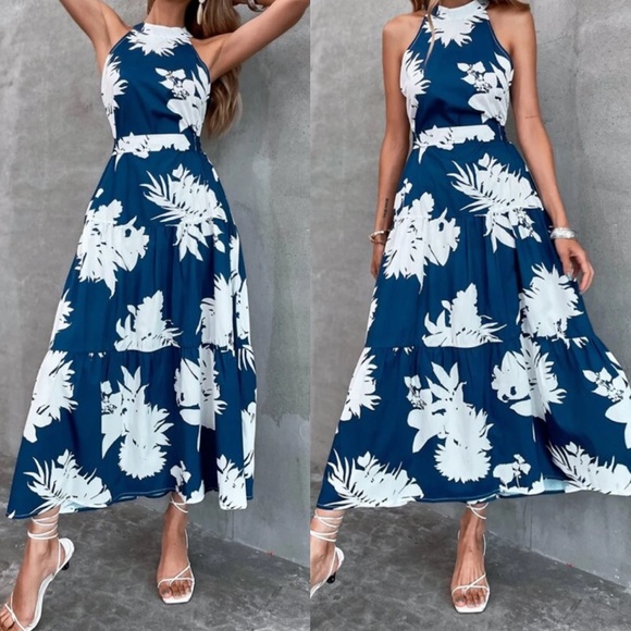 Boho floral plants cutout back ruffle hem dress - Picture 2 of 10